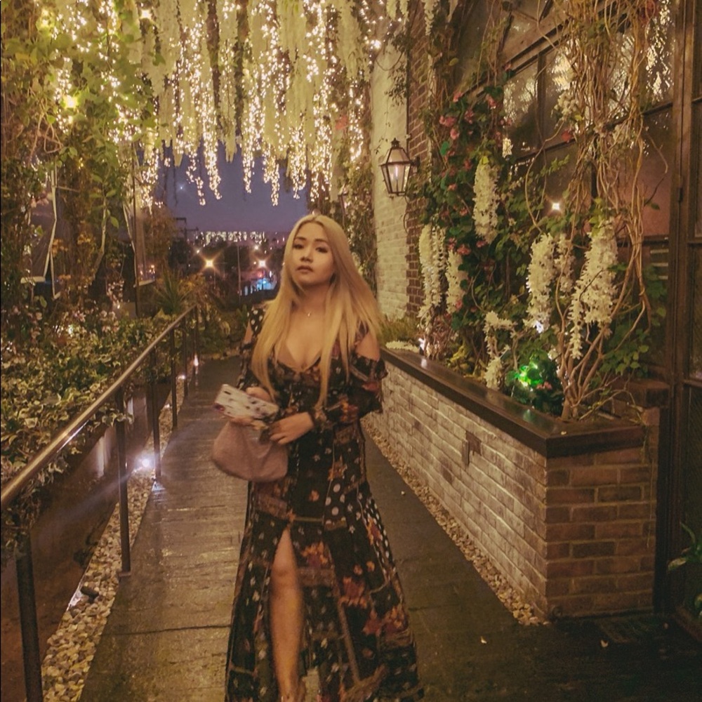 Boho Floral Black Maxi Dress with Front Slit
